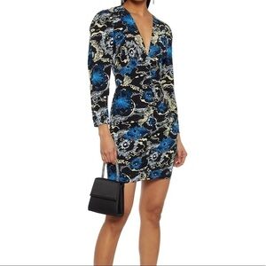 A.L.C. Roxy Celestial Printed Silk Long Sleeve V Neck Mini Dress Black Cocktail